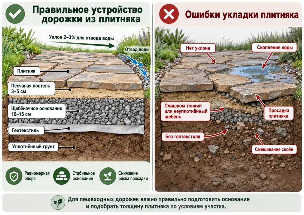 Правильная и неправильная укладка плитняка на песчаное основание — схема слоёв щебня, песка, геотекстиля и ошибок мощения дорожек